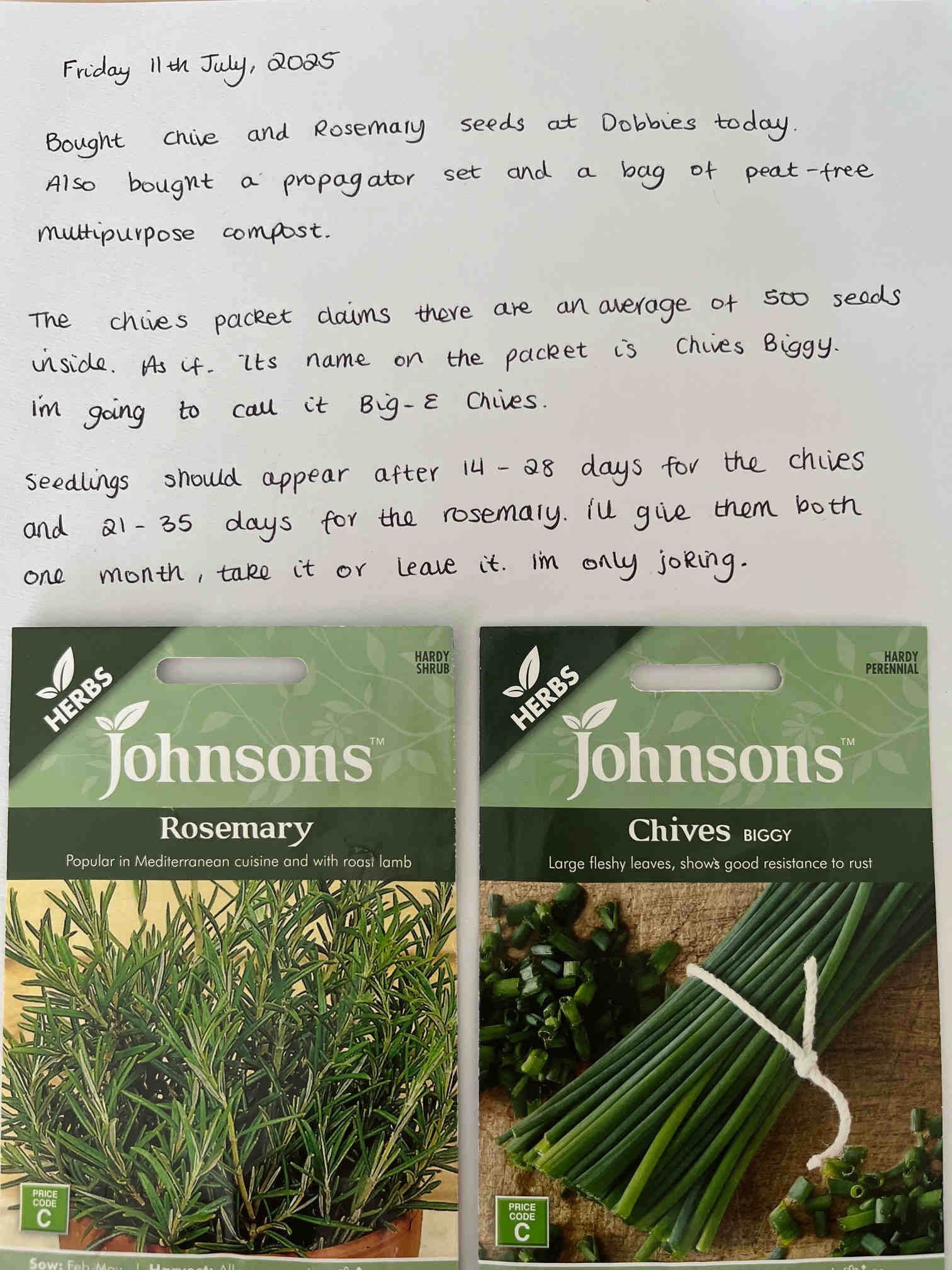 handwritten note and seed packets